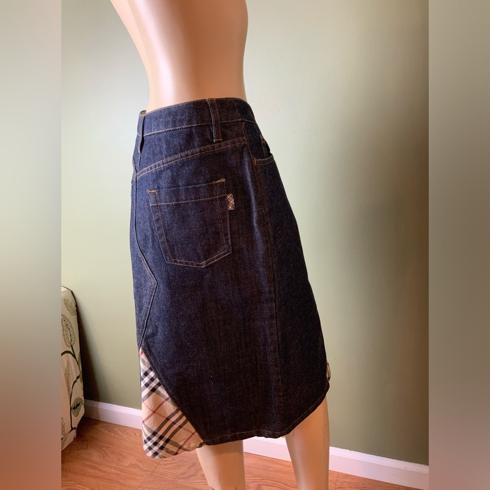 Burberry Dark Blue Denim Midi Skirt with Signature Check Panel - Picture 3 of 7